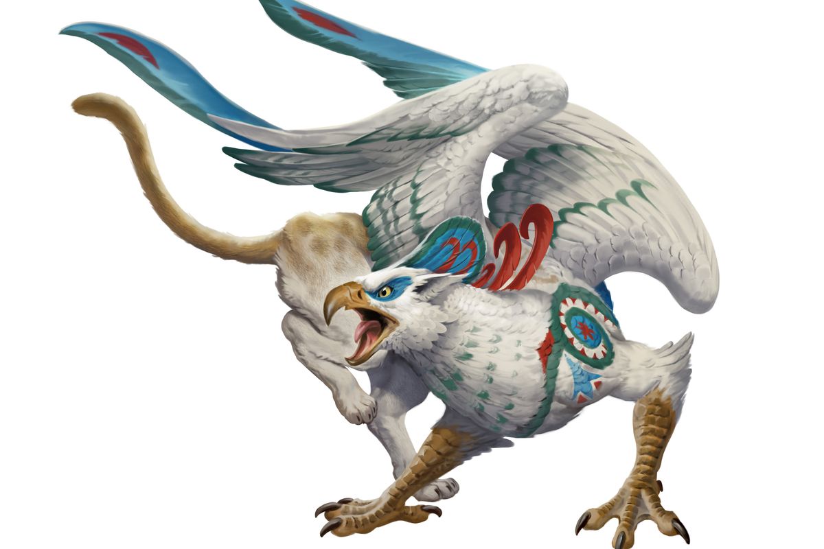 A Griffin with blue, green, and ochre pigmentation in its feathers.