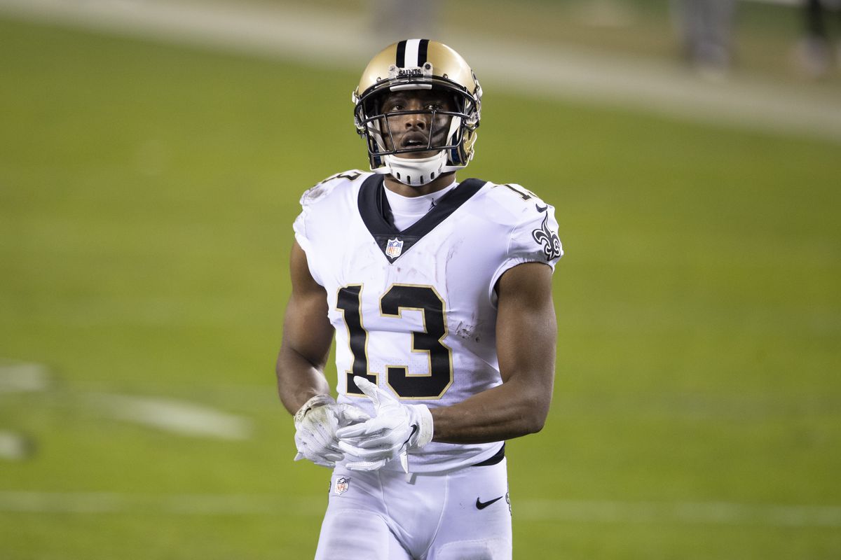 Michael Thomas #13 of the New Orleans Saints looks on against the Philadelphia Eagles at Lincoln Financial Field on December 13, 2020 in Philadelphia, Pennsylvania.