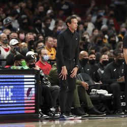 Utah Jazz coach Quin Snyder calls out to players during the second half of the team’s NBA basketball game against the Portland Trail Blazers in Portland, Ore., Wednesday, Dec. 29, 2021. 