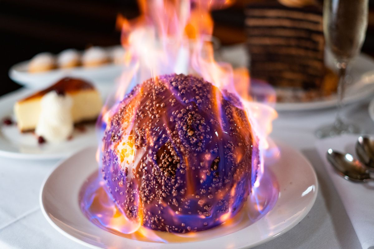 A chocolate sphere set on fire