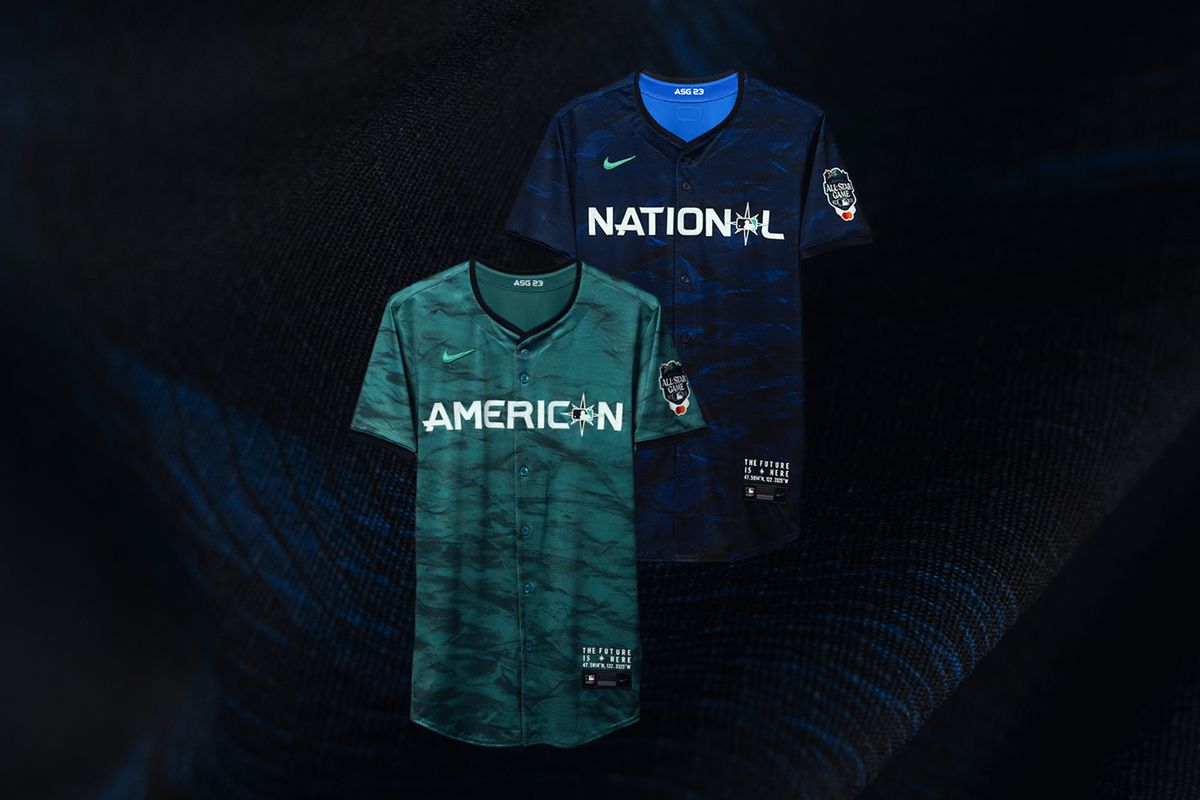 Jerseys for the National League and American League in the 2023 MLB All-Star Game, which will be held in Seattle on July 11.