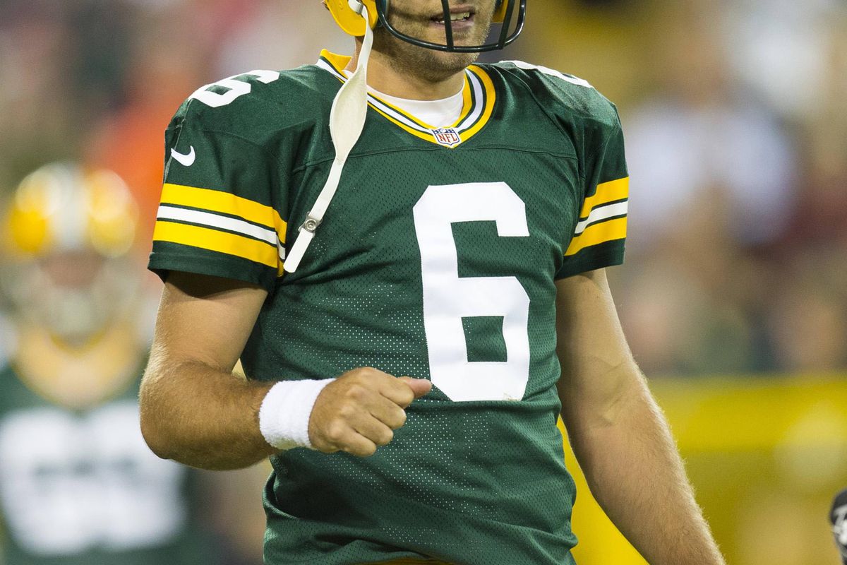 Aug 16, 2012; Green Bay, WI, USA; Green Bay Packers quarterback Graham Harrell (6) during the game against the Cleveland Browns at Lambeau Field.  The Browns defeated the Packers 35-10.  Mandatory Credit: Jeff Hanisch-US PRESSWIRE