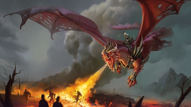 A dragon scorches the ground, it’s rider — lance in hand — bellowing a battle cry.