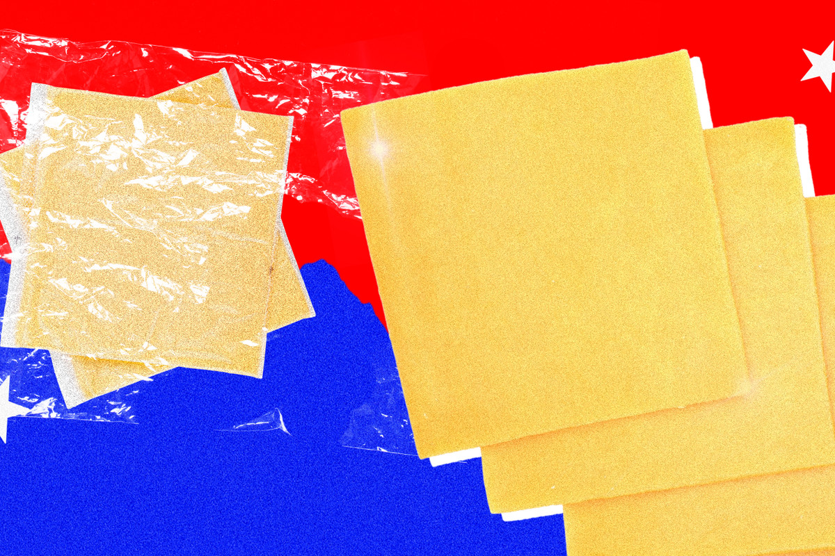 Slices of American cheese on a red and blue background.