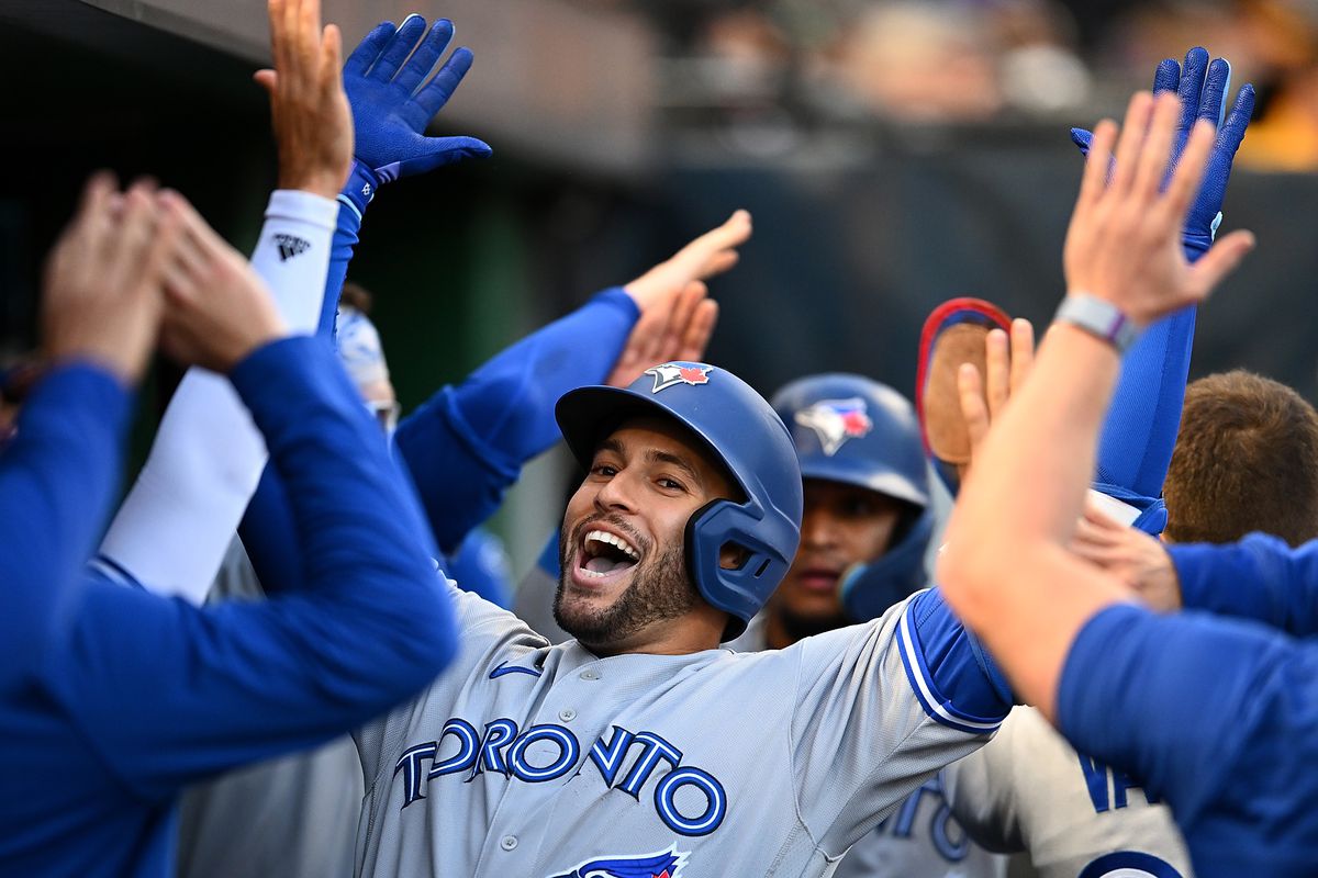 George Springer of the Toronto Blue Jays celebrates his two run home run with teammates during the fifth inning of the game against the Pittsburgh Pirates at PNC Park on May 5, 2023 in Pittsburgh, Pennsylvania.