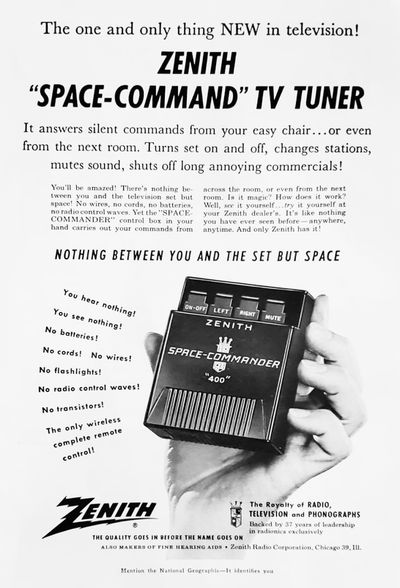 An advertisement for the original Zenith Space Command model, stating, “Nothing between you and the set but space.”