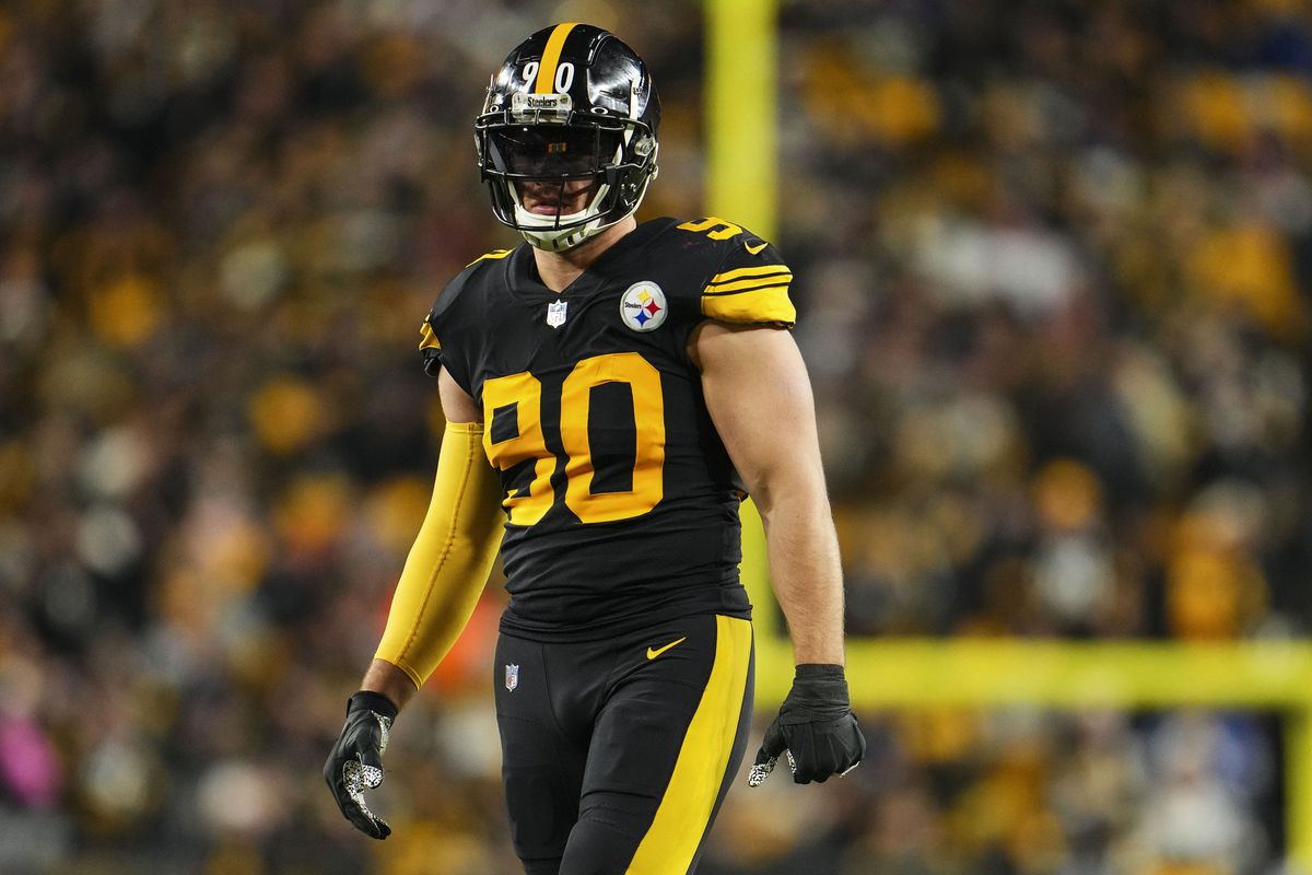 T.J. Watt #90 of the Pittsburgh Steelers looks on from the field during an NFL football game against the New England Patriots at Acrisure Stadium on December 7, 2023 in Pittsburgh, Pennsylvania.
