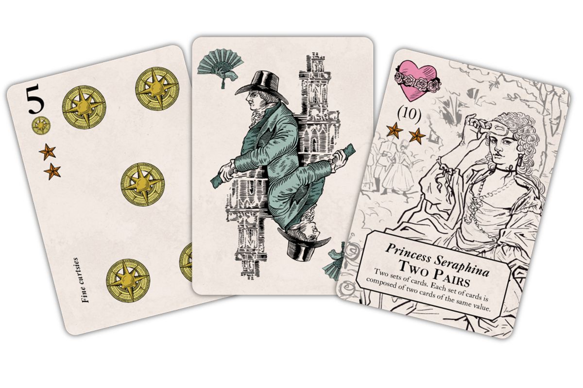 Three cards from Molly House, one showing a five of pentacles, another a member of the constabulary forces, and another Princes Seraphina — one of the mollies featured in the game.