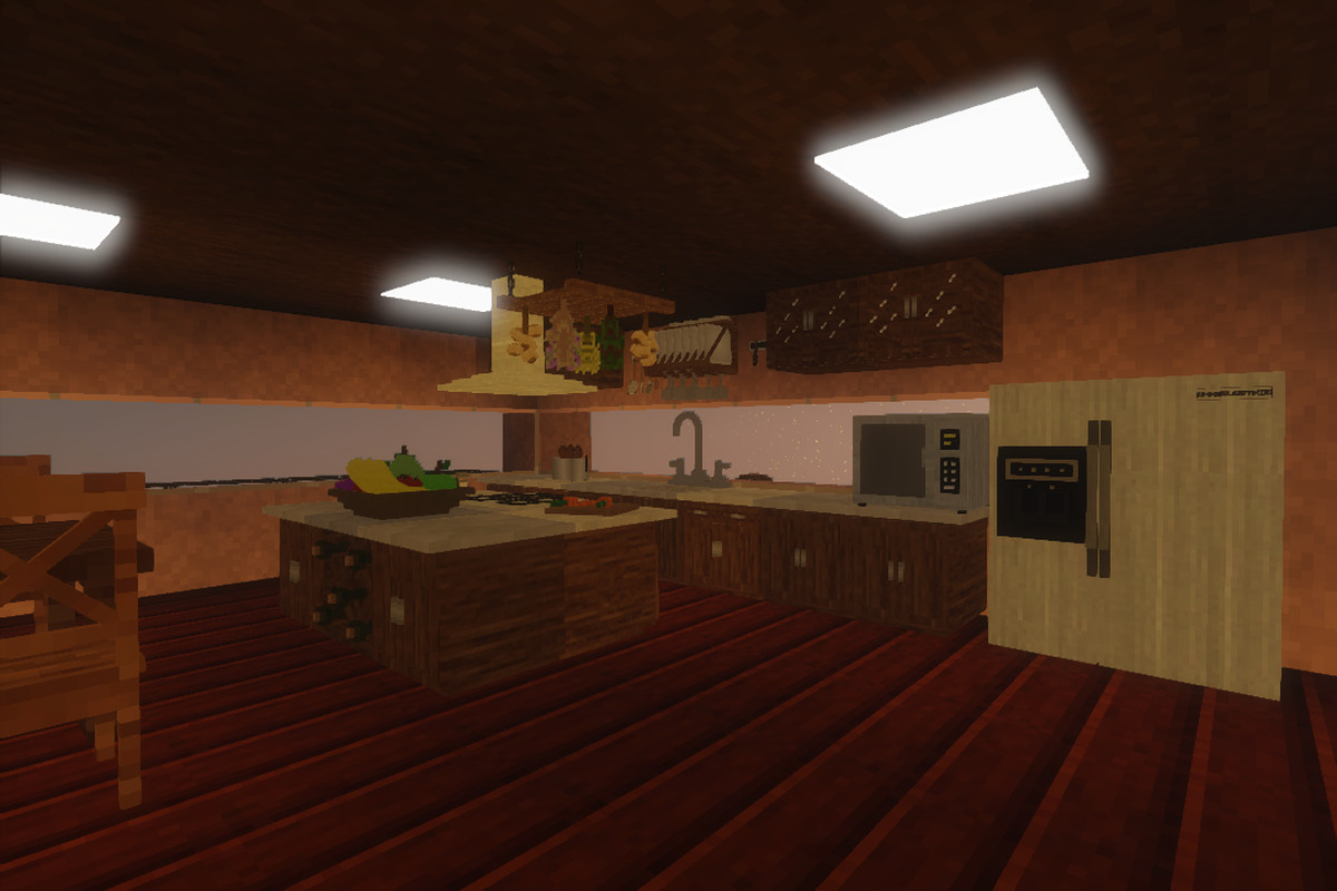 A beautiful kitchen made using a Minecraft mod