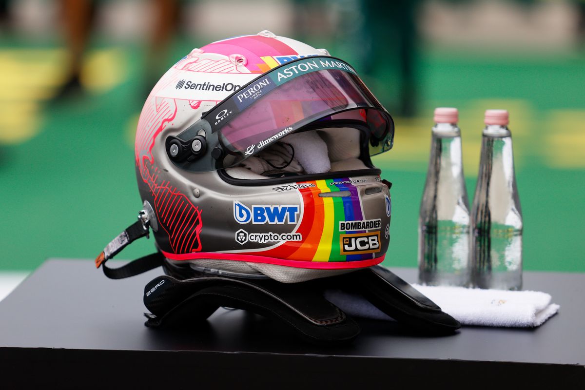 A rainbow motif adorns Sebastian Vettel’s helmet at the F1 Grand Prix of Hungary.