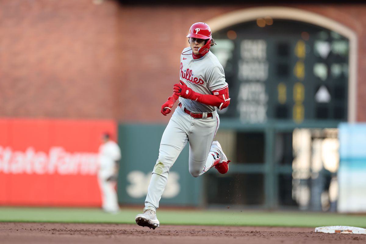 Alec Bohm of the Philadelphia Phillies rounds the bases after hitting a two-run home run in the second inning against the San Francisco Giants at Oracle Park on May 15, 2023 in San Francisco, California.