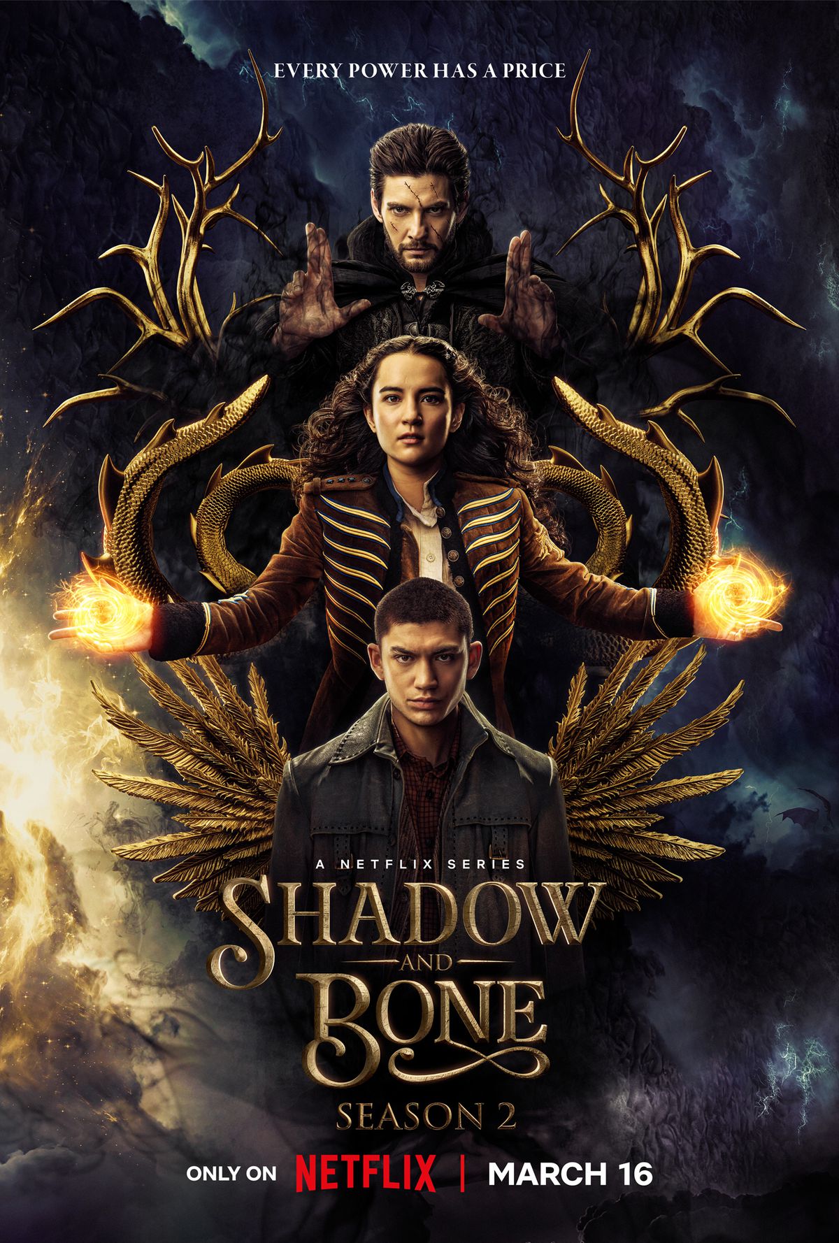 A poster featuring the darkling, alina, and mal all stacked on top of each other. the darkling is framed by antlers, alina is framed by a sea serpents tail, and mal is framed by the wings of a bird