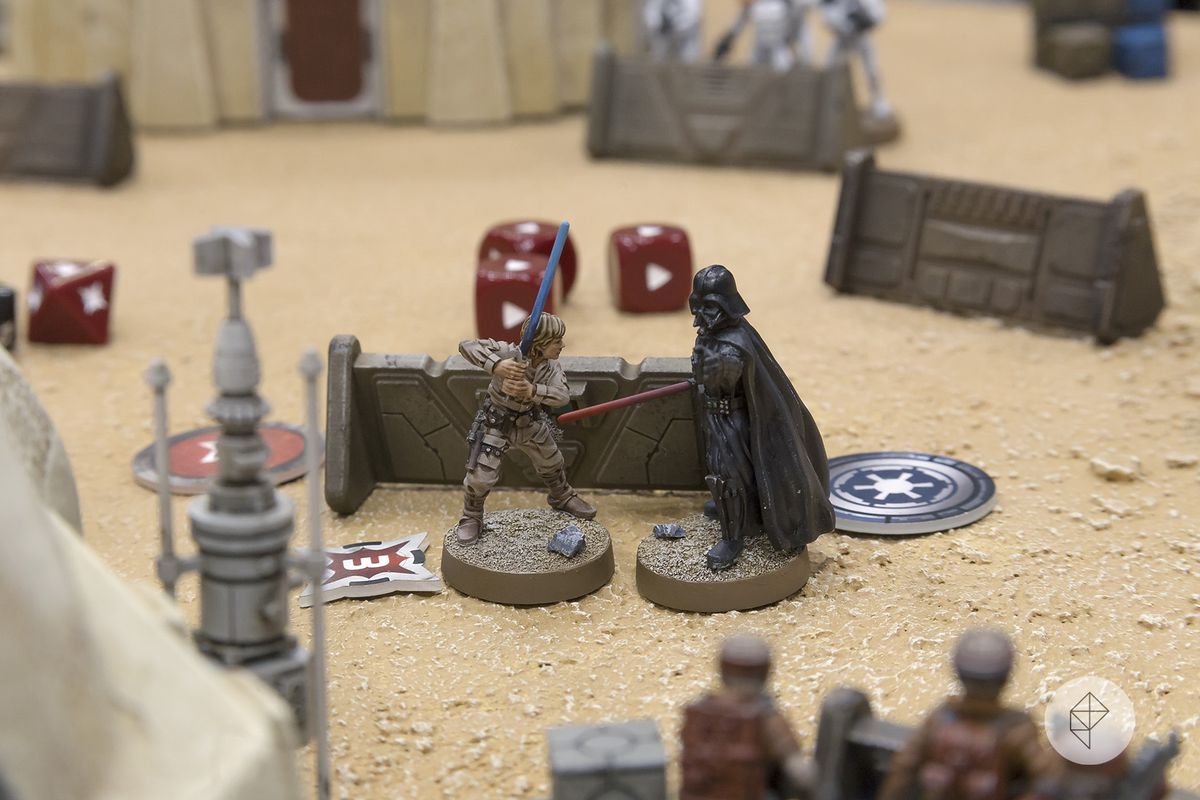Darth Vader and Luke Skywalker fight on Tatooine.