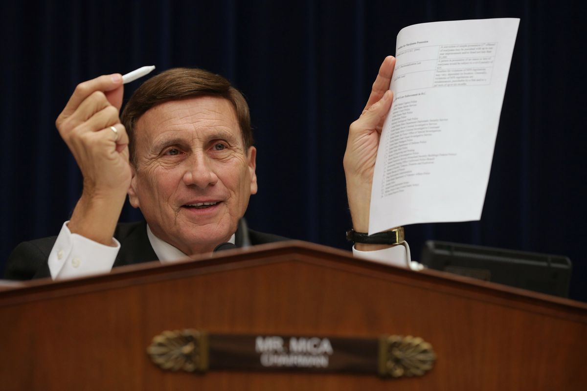 Rep. John Mica (R-FL) holds up a fake joint during a congressional hearing on DC's marijuana decriminalization law.