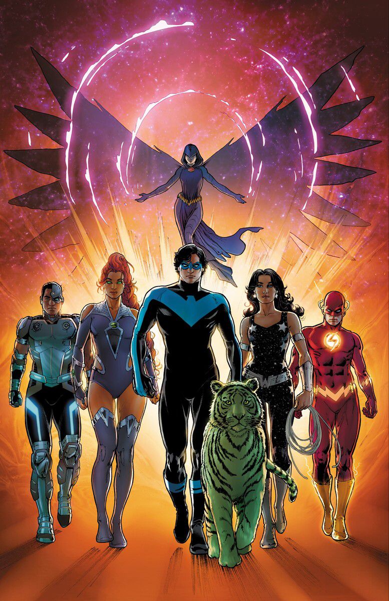 Raven, Cyborg, Starfire, Nightwing, Beast Boy, Donna Troy, and Wally West/Flash on the cover of Titans #1 (2023). 