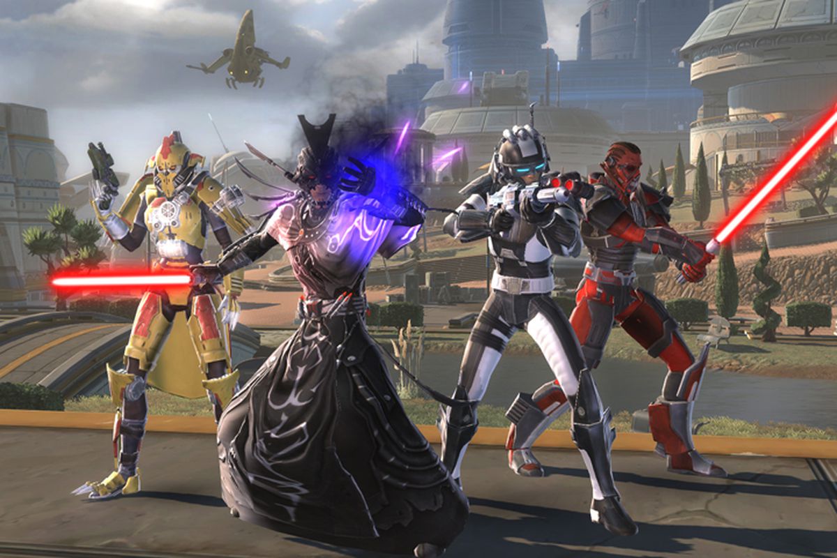 Screenshot of multiple players in Jedi and Imperial Trooper armor wielding red lightsabers in Star Wars: The Old Republic