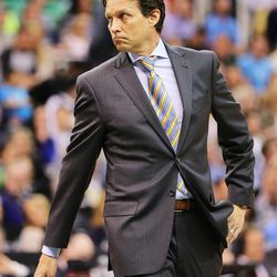 Utah Jazz head coach Quin Snyder walks onto the floor after calling a timeout as the Jazz and the Lakers play Wednesday, Feb. 25, 2015, at EnergySolutions Arena in Salt Lake City.