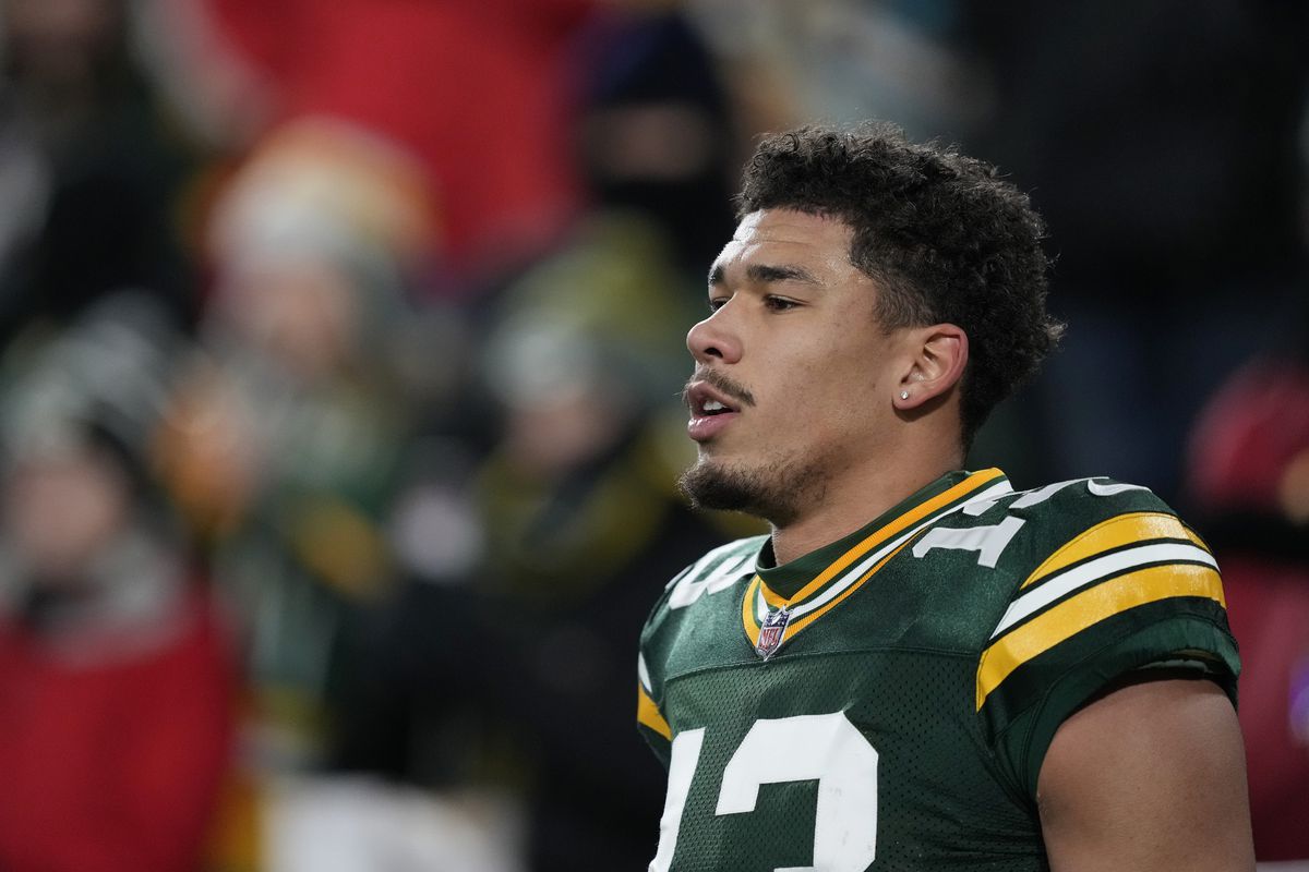 Allen Lazard #13 of the Green Bay Packers looks on before a game against the Los Angeles Rams at Lambeau Field on December 19, 2022 in Green Bay, Wisconsin.