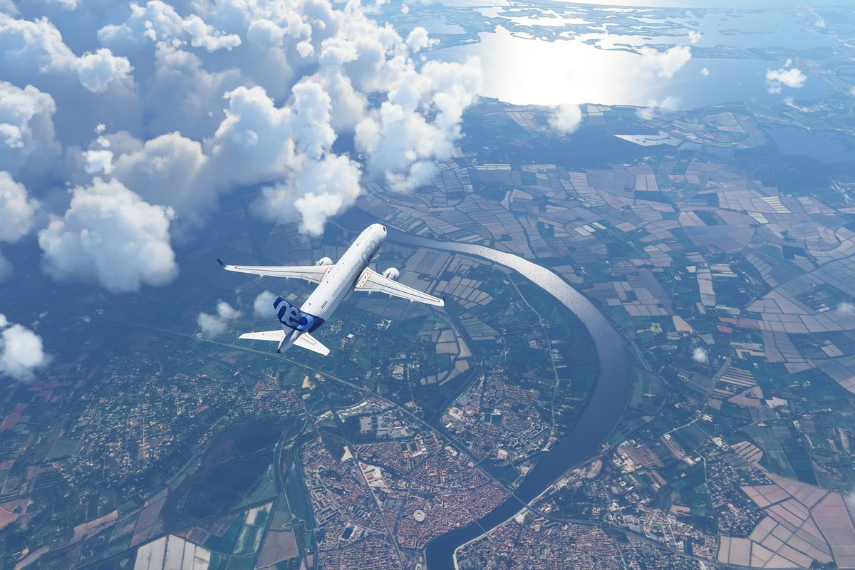an Airbus A320 flies over France in Microsoft Flight Simulator