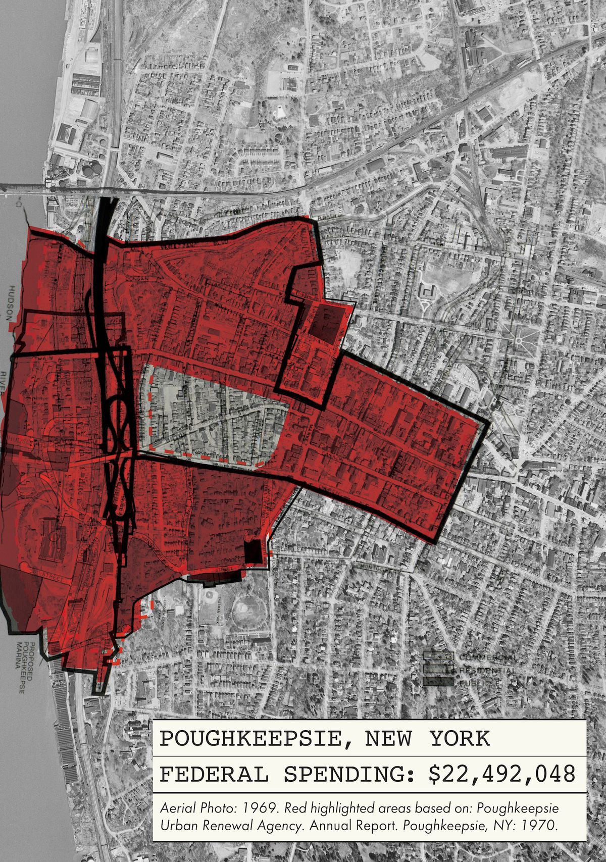 A black-and-white city map with redevelopment areas highlighted in red, which is most of the downtown region
