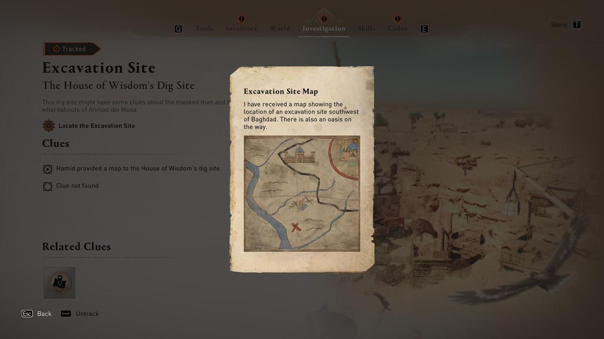 The menu shows a drawing indicating the location of the Excavation Site.