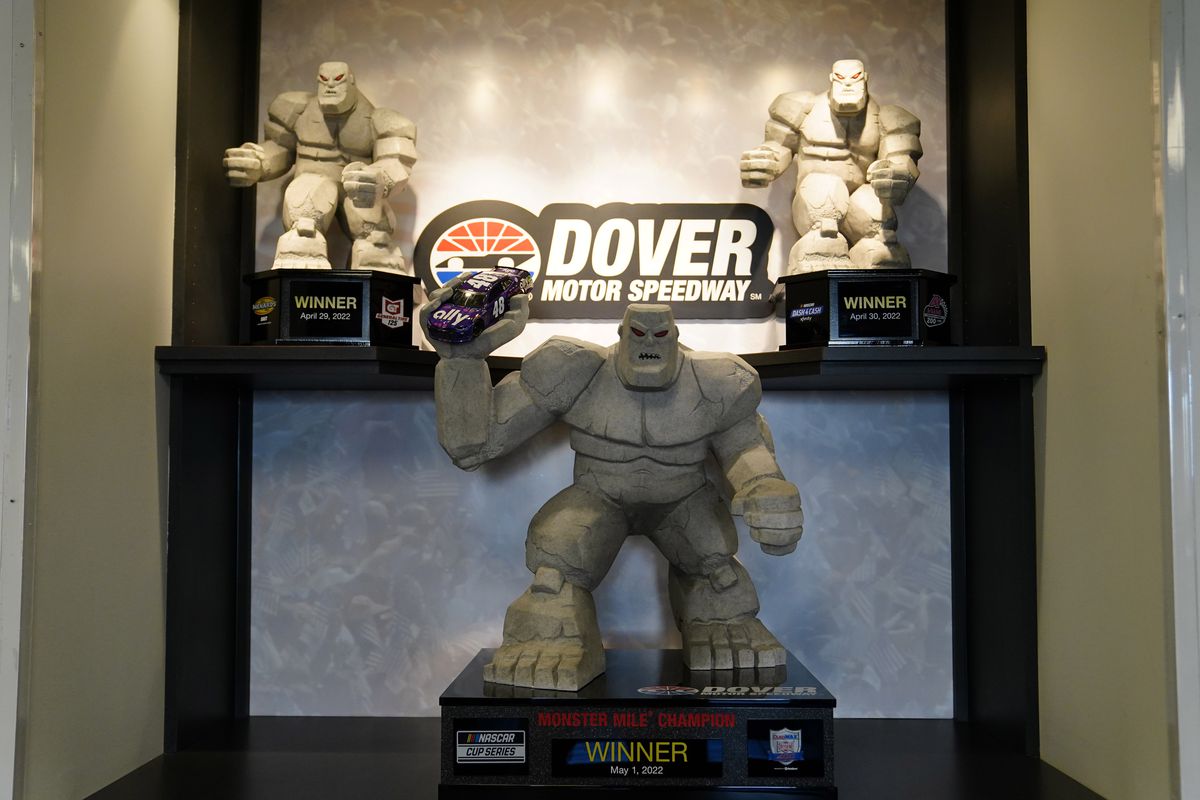 A view of the Monster Mile at Dover Motor Speedway winning trophies for all three races, the General Tire 125 ARCA Menards Series East Race, the A-Game 200 NASCAR Xfinity Series Race and the DuraMAX Drydene 400 NASCAR CUP Series Race, on the weekend of April 29, 2022, at Dover Motor Speedway in Dover DE.