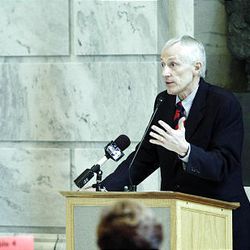 Utah Lt. Gov. Greg Bell speaks about the political process at a breakfast in the Capitol's rotunda on Monday with legislators, officials and hundreds of citizen advocates.