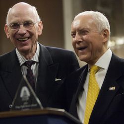 Utah GOP Sens. Robert F. Bennett, left, and Sen. Orrin Hatch have a laugh following the presentation of the King's Peak Leadership Award of Utah State Society to Bennett in the Dirksen Senate Building in Washington, D.C., on Wednesday, Nov., 17, 2010. The departing junior senator was honored by the Utah State Society for his years serving Utah and the United States.