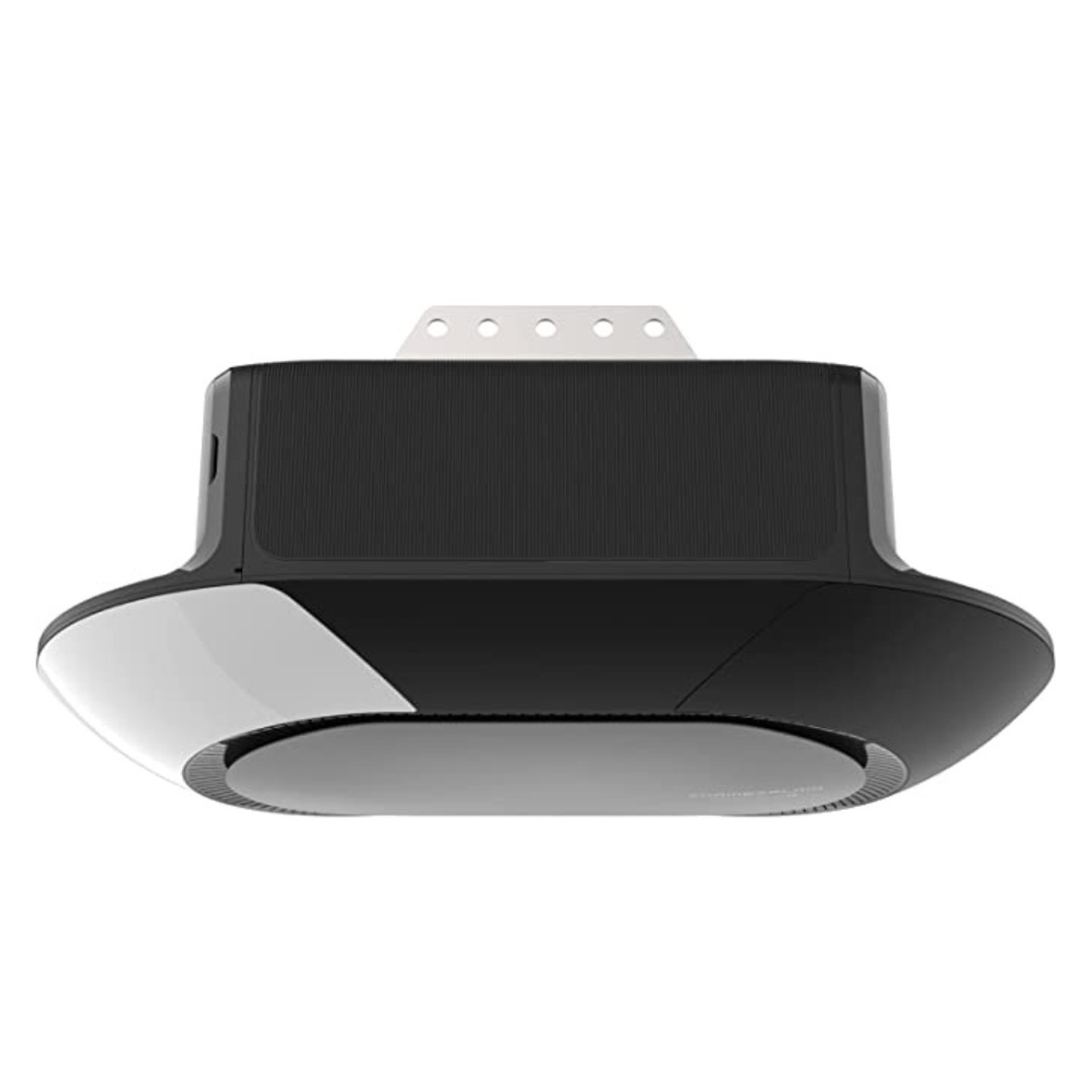 Black smartphone-controlled garage door opener that attaches to ceiling.