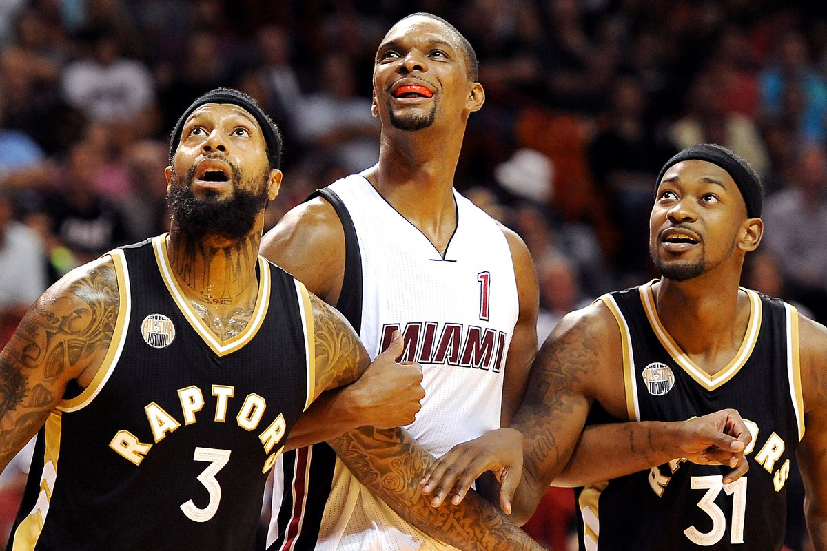 The Toronto Raptors look for just their second win against Chris Bosh, centre.