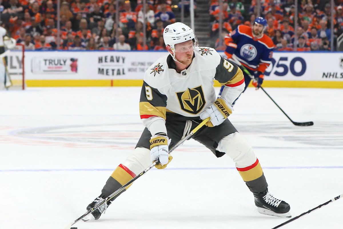 Jack Eichel #9 of the Las Vegas Golden Knights looks to shoot in the first period against the Edmonton Oilers in the first period in Game Six of the Second Round of the 2023 Stanley Cup Playoffs May 14, 2023 at Rogers Place in Edmonton, Alberta, Canada.