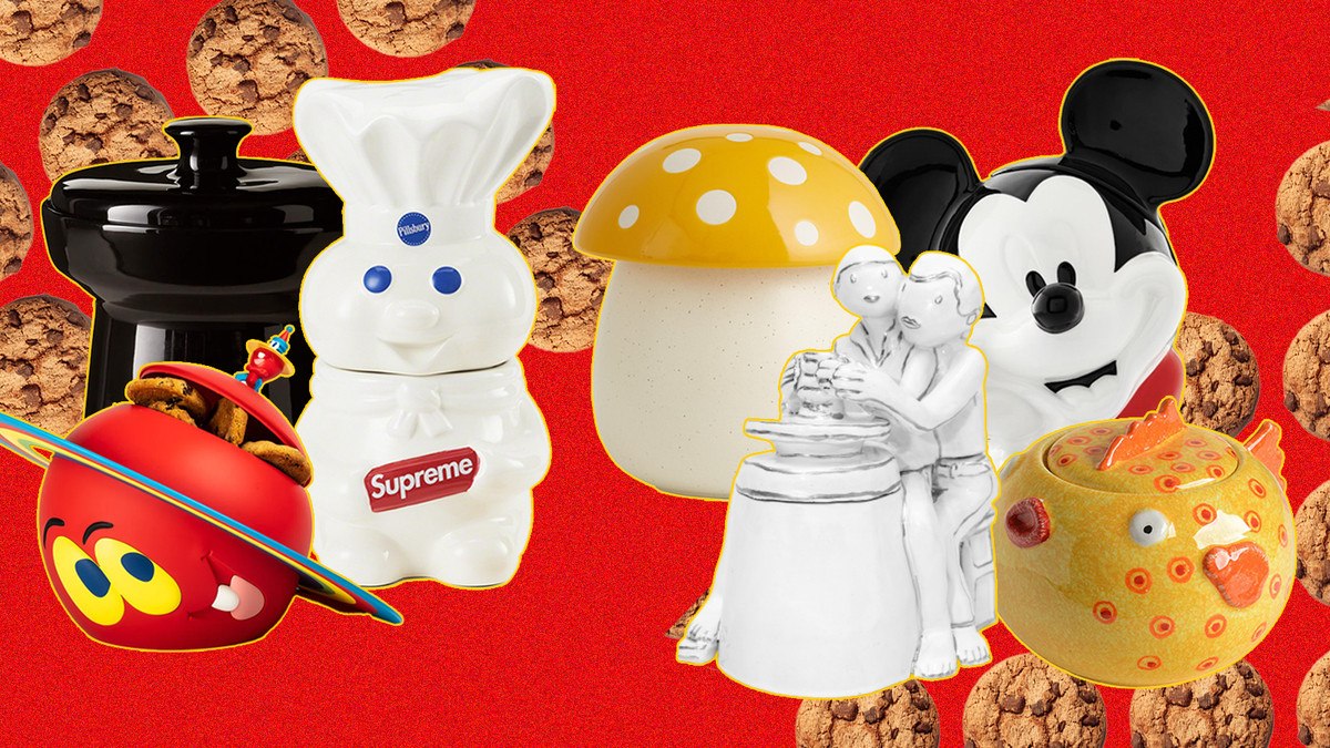 A selection of cookie jars, including a Pillsbury Doughboy cookie jar, a Mickey Mouse cookie jar, and a toadstool cookie jar