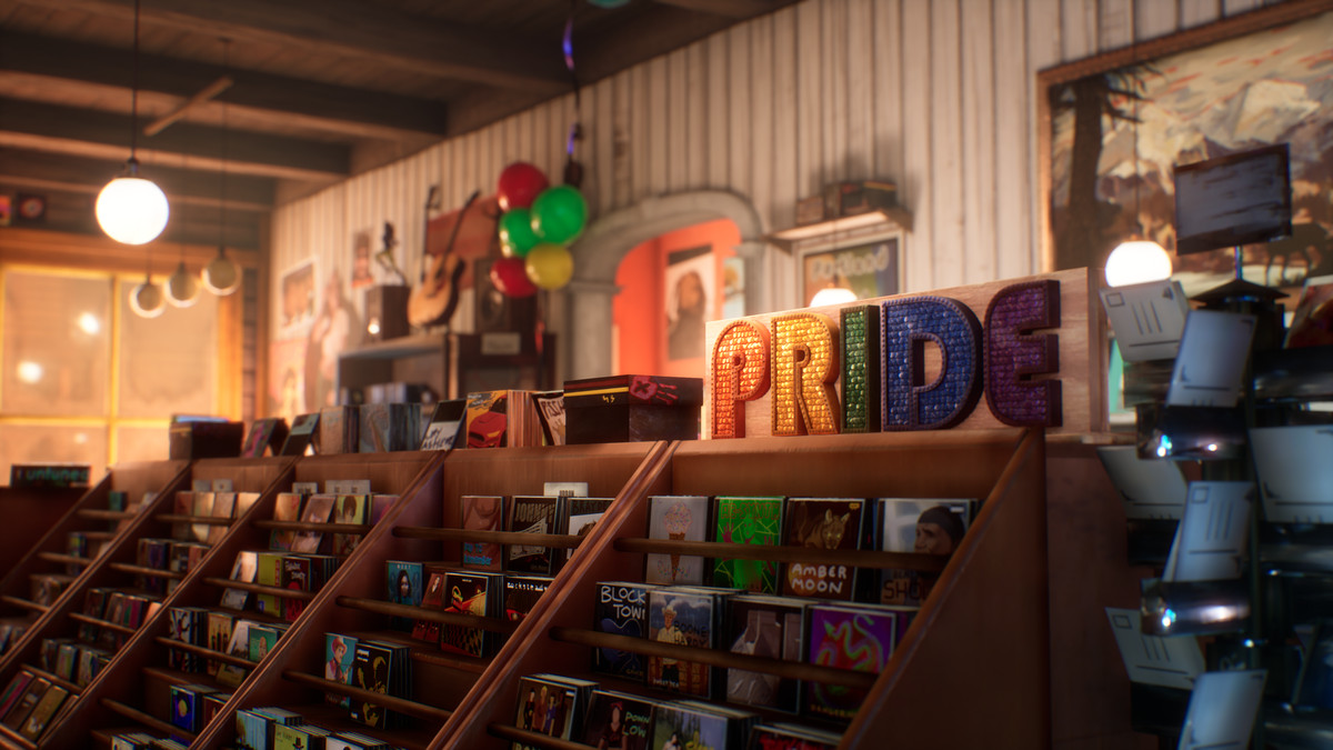 inside the record store, with a pride banner