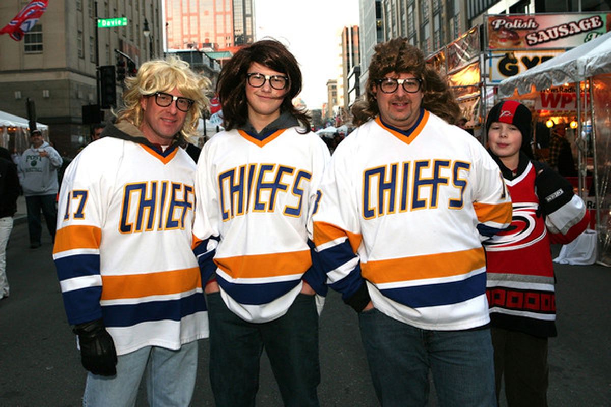 RALEIGH NC - JANUARY 28:  Fans dressed as the 'Hanson Brothers' pose outside the NHL Fan Fair part of 2011 NHL All-Star Weekend at the Raleigh Convention Center on January 28 2011 in Raleigh North Carolina.  (Photo by Bruce Bennett/Getty Images)