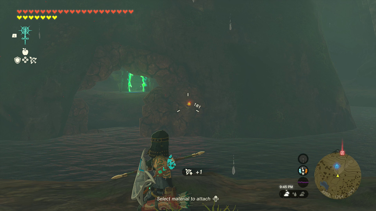 Link flings a bomb towards some collapsing rocks in front of a hole that leads up to Jogou Shrine in the Lanayru Road East Cave