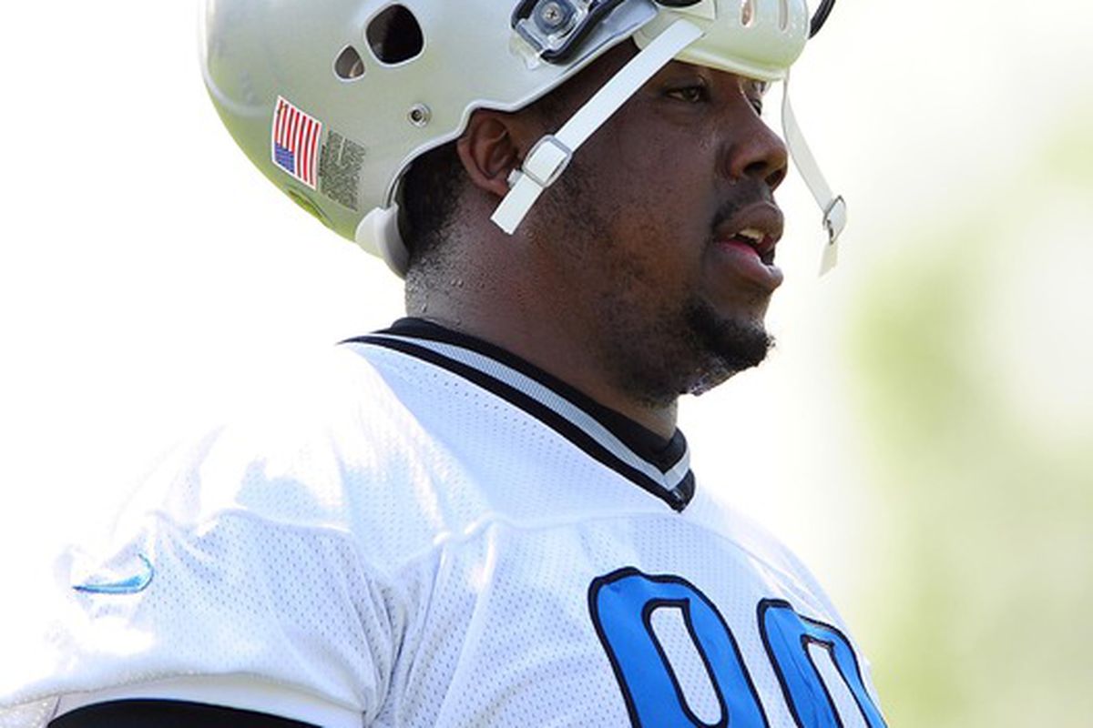 May 21, 2012; Allen Park, MI, USA; Detroit Lions defensive tackle Nick Fairley (98) during organized team activities at Detroit Lions training facility. Mandatory Credit: Andrew Weber-US PRESSWIRE