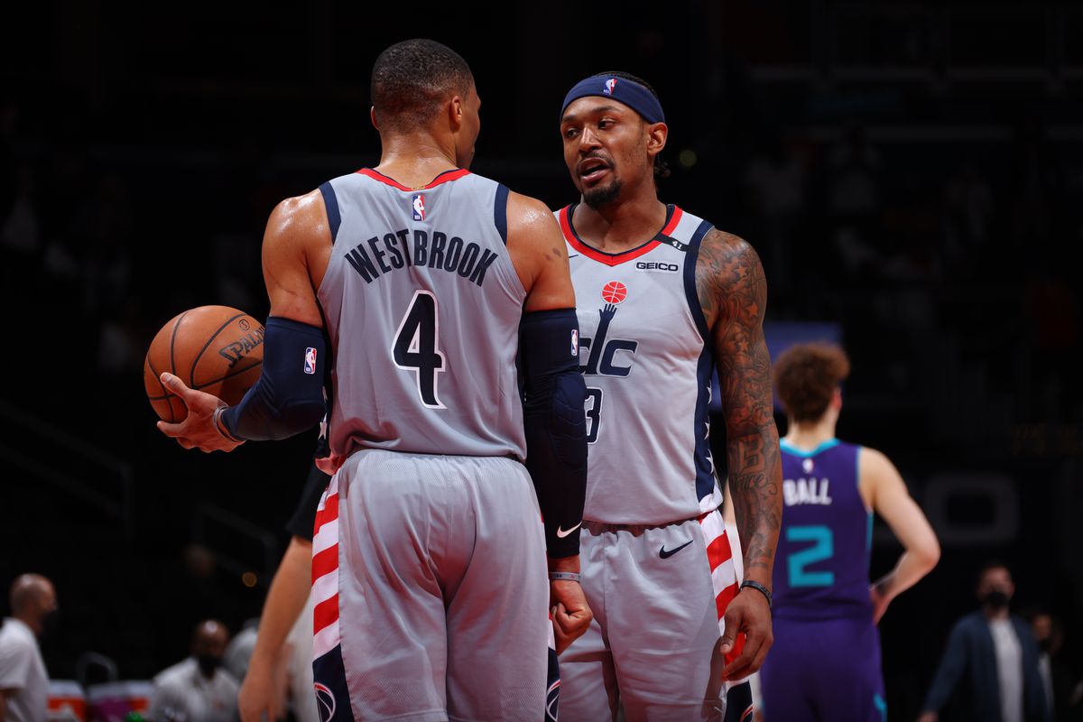 Russell Westbrook #4 and Bradley Beal #3 of the Washington Wizards talk during the game against the Charlotte Hornets on May 16, 2021 at Capital One Arena in Washington, DC.&nbsp;