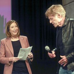 Keri Putnam, Sundance Institute executive director, walks up behind Robert Redford, Sundance Institute president and founder, during the 2019 Sundance Film Festival Day One Press Conference at the Egyptian Theatre in Park City on Thursday, Jan. 24, 2019.