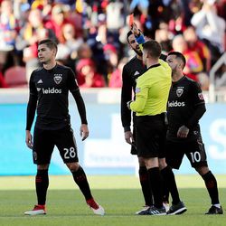 DC United's Joseph Mora (28) receives a red card as Real Salt Lake and D.C. United play an MLS Soccer match at Rio Tinto Stadium in Sandy on Saturday, May 12, 2018.
