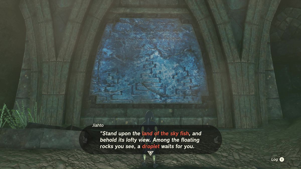 Text box saying “Stand upon the land of the sky fish, and behold its lofty view. Among the floating rocks you see, a droplet waits for you.”