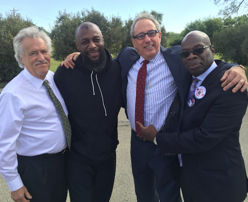 Mark Maxson with attorney Larry Dreyfus (left) and Elliot Zinger (right) with Maxson’s advocate Wallace “Gator” Bradley (far right) after Maxson was released from prison on Tuesday, Sept. 27. | Provided photo