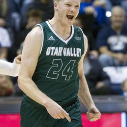 Utah Valley guard Jared Stutzman (24) celebrates after making a 3-pointer during an NCAA college basketball game in Provo on Saturday, Nov. 26, 2016. Utah Valley was 18 of 37 from beyond the arc en route to a 114-101 ousting of Brigham Young.