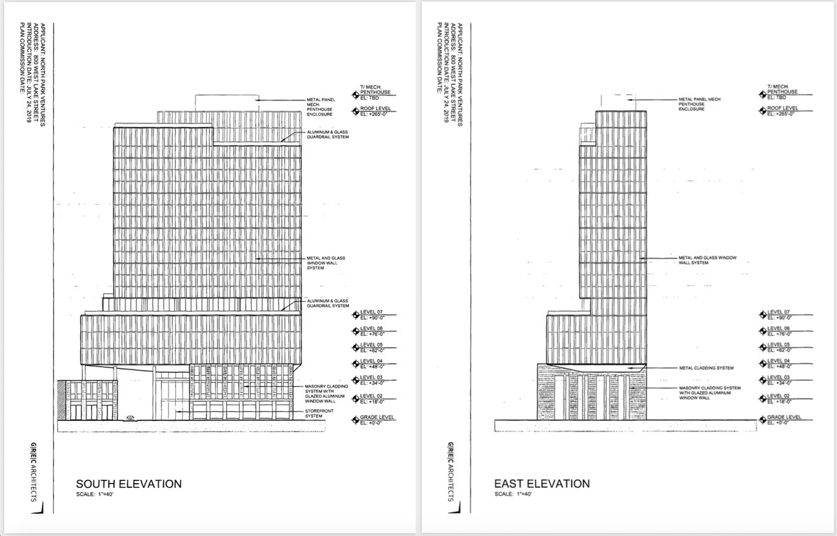 Black and white elevation diagrams showing a 265-foot-tall rectangular tower with a masonry base and a metal and glass window wall system. 