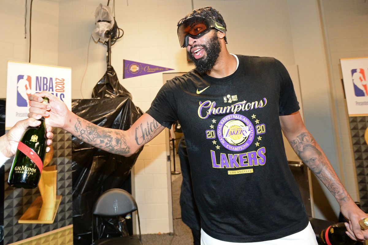 Anthony Davis of the Los Angeles Lakers celebrates after Game Five of the NBA Finals on October 11, 2020 in Orlando, Florida at AdventHealth Arena.