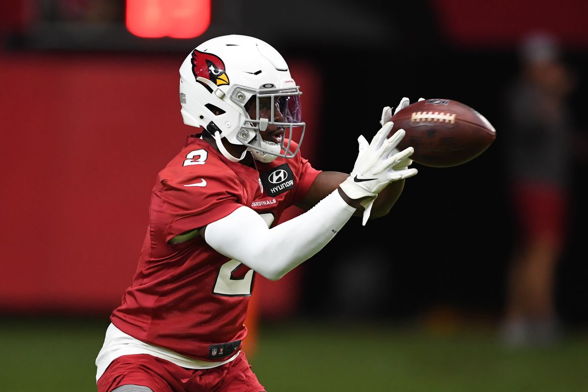 Chase Edmonds #2 of the Arizona Cardinals catches a pass during Training Camp at State Farm Stadium on July 29, 2021 in Glendale, Arizona.