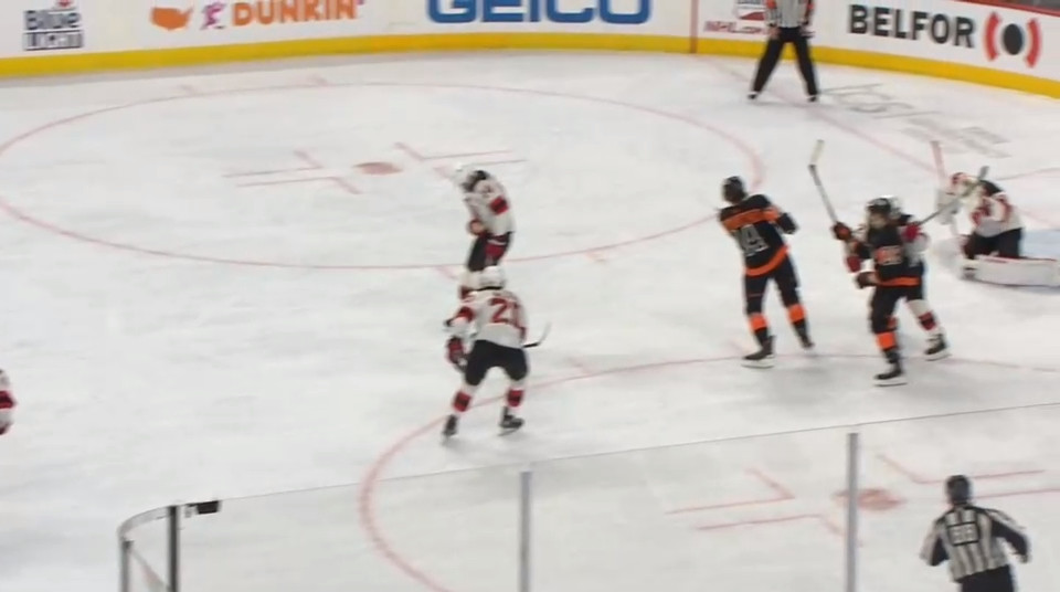 April 25:  The Devils lose a defensive zone faceoff. The puck goes to Phillipe Meyers, who fired a rising shot. Sean Couturier tipped it down and past Blackwood. Couturier was close to having that be high-sticking but no.   Not much that can be done there. Except maybe covering or tying up Couturier.  