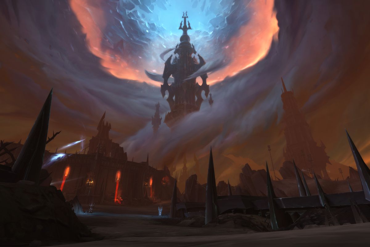 World of Warcraft: Shadowlands - A shot of Torghast in the Maw, which is a tall metal tower in an arid wasteland of smoke and dust.