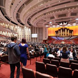 Conferencegoers make their way to their seats inside the Conference Center in Salt Lake City prior to the morning session of the LDS Church’s 187th Annual General Conference on Sunday, April 2, 2017.