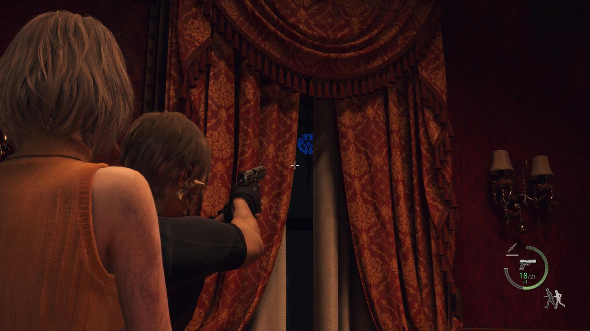 Leon S Kennedy aims at a blue medallion hidden in a window of the Dining Hall in Resident Evil 4 remake