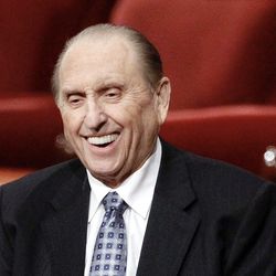 President Thomas S. Monson stops and smiles for some photos after the Sunday morning session of the 181st Semiannual General Conference of The Church of Jesus Christ of Latter-day Saints Sunday, Oct. 2, 2011. On Jan. 2, 2018, Monson passed away in his Salt Lake City home at age 90.
